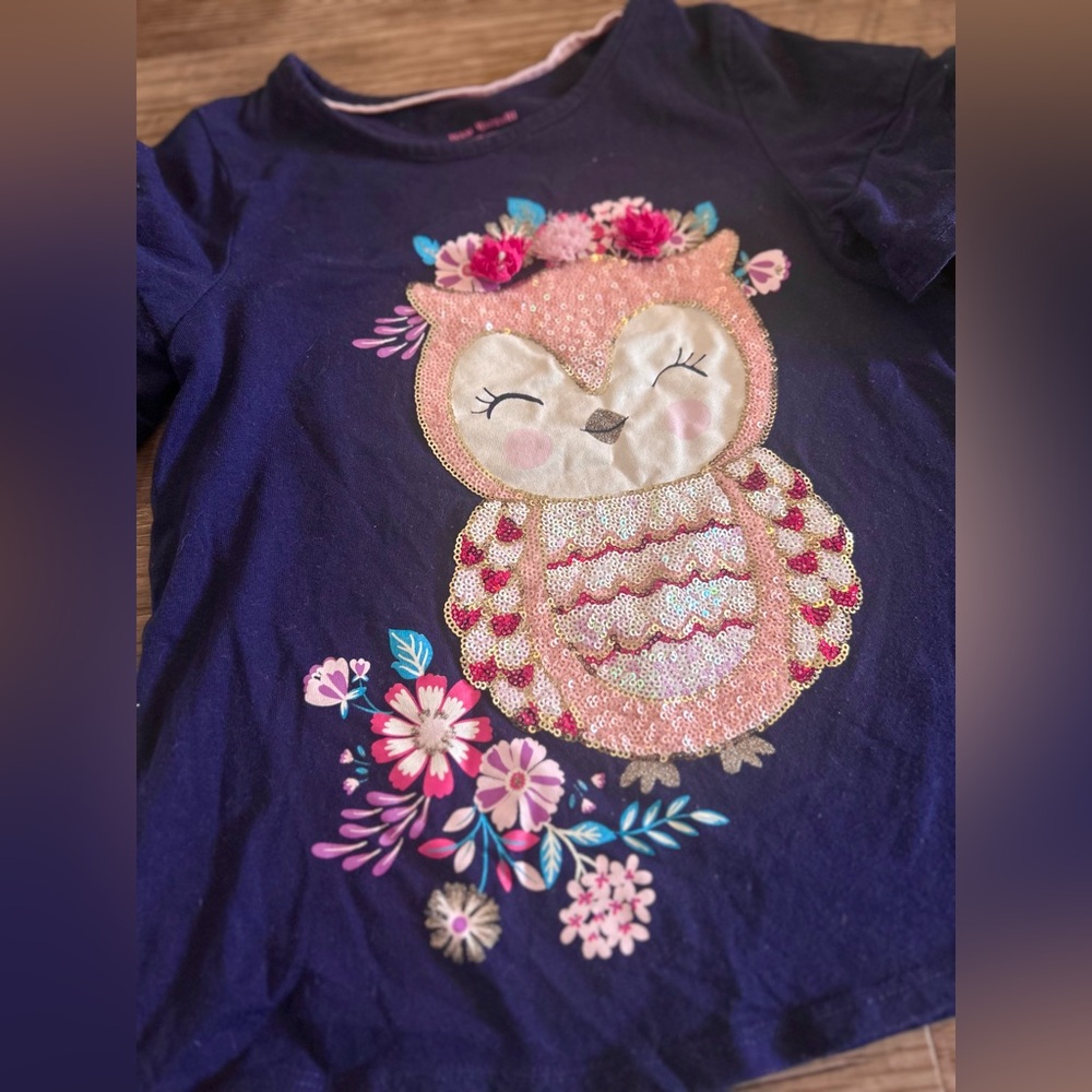 Navy Floral Owl Ruffle-Sleeve Kids Tee